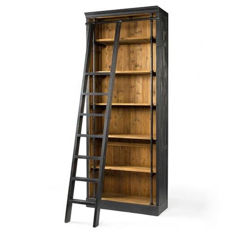 Ashlyn Rustic Lodge Pine Wood Metal Ladder Bookcase | Kathy Kuo Home Bookcase Ladder, Billy Ikea, Metal Ladder, Four Hands Furniture, Rustic Bookcase, Cozy Library, Library Ladder, Ladder Bookshelf, Library Bookcase