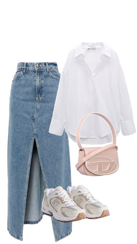 A classic white formal shirt paired with a trendy denim skirt exudes a perfect blend of sophistication and casual chic. The crisp white shirt adds a touch of elegance, while the denim skirt brings a modern and laid-back vibe to the outfit. This versatile combination is ideal for various occasions, whether it's a day at the office, a casual weekend outing, or a dinner date. The clean lines of the shirt complement the casual flair of the skirt, creating a stylish look that is both polished and effortless. Add some accessories and a stylish pair of shoes to complete the ensemble and you're ready to make a fashion statement wherever you go. Chic Weekend Outfits, Outfit Ideas Everyday, Outfit Dinner, Easy Hairstyles For Thick Hair, Outfit Simple, Hairstyles For Thick Hair, Weekend Outfits, Trendy Denim, Formal Shirt