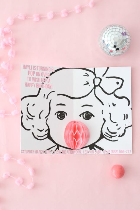 DIY Bubblegum Popup Invitations | A Joyful Riot Bubble Gum Party, Diy Honeycomb, Pop Up Invitation, Bubble Party, Up Book, Party Needs, Pop Up Cards, Diy For Teens, Paper Cut