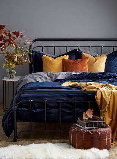 Mustard Bedroom, Velvet Duvet Cover, Navy Bedrooms, Velvet Duvet, Blue Bedroom Decor, Bedroom Orange, Eclectic Bedroom, Yellow Bedroom, Blue Bedroom