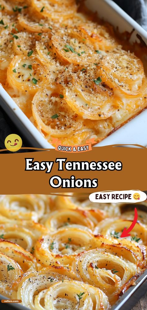 These Easy Tennessee Onions are a sweet and savory treat. Baked until tender with a golden crust, they make a delicious side dish for any meal. #OnionLovers #SouthernCooking #EasySides Roasted Onion Recipes, Tennessean Onions, Baked Pearl Onions, Scalloped Onions Casserole, Tennessee Onions 12 Tomatoes, Onion Casserole Recipes Simple, Tennessee Onions Southern Living, Onion Side Dish Recipes, Tri Tip Dinner Side Dishes