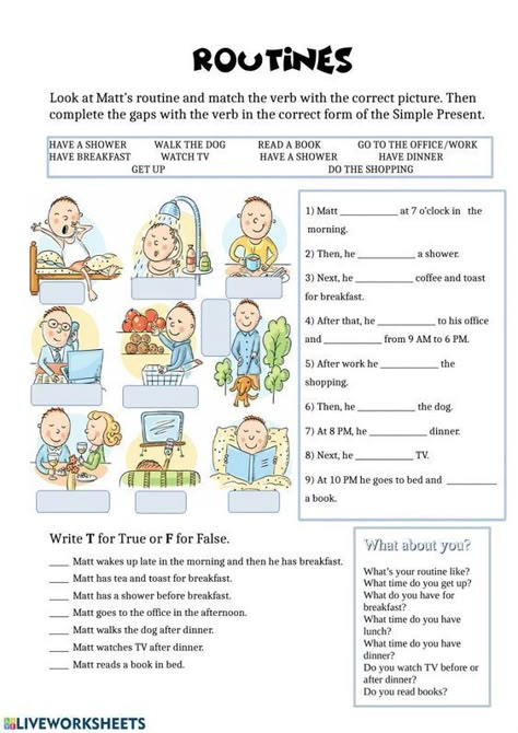 Students look at Matt's routine and match the verb with the correct picture. English Grade 4 Activities, English Worksheets For Grade 4, My Daily Routine Worksheet, 4th Grade English Worksheets, Daily Activities Worksheet, Routines School, Daily Routine Worksheet, Daily Routine Kids, Daily Routine Activities