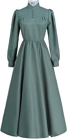 Nuoqi Victorian Dress for Women Long Sleeve Edwardian Dress Renaissance Costume Green Victorian Dress, Victorian Girl Dress, Victorian Aprons, Pilgrim Costume, Victorian Era Dresses, Pioneer Dress, Colonial Dress, Victorian Fashion Dresses, Dress Apron