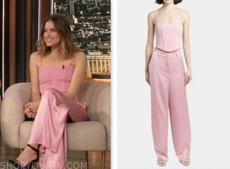 Drew Barrymore Show: December 2023 Allison Williams's Pink Bustier Top and Satin Pants Pink Bustier Top, Pink Bustier, Drew Barrymore Show, Allison Williams, Satin Pants, December 2023, Drew Barrymore, Bustier Top, Fashion Looks