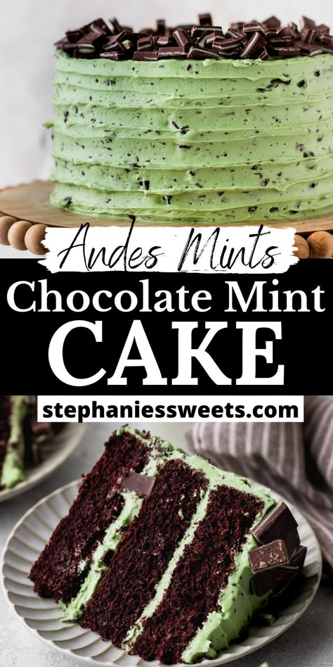 This chocolate mint layered cake is a moist chocolate cake filled with chopped Andes mints. It is topped with a chocolate mint frosting. White Chocolate Mint Cake, Chocolate Mint Pound Cake, Mint Chocolate Chip Icing, Chocolate Cake With Mint Frosting, Chocolate Mint Layer Cake, Andes Chocolate Cake, Andes Mint Chocolate Cake, Mint Chocolate Frosting, Mint Cake Ideas