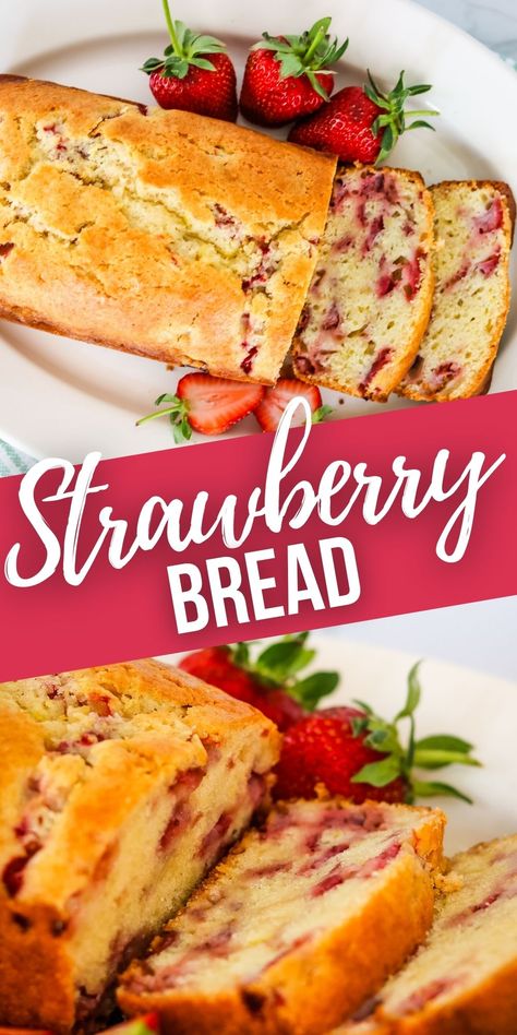 This Strawberry Bread recipe is so moist yet fluffy and bursting with flavor. This delightful strawberry bread is perfect for spring! Best Breakfast Bread Recipes, Quick Bread For Breakfast, Strawberries And Cream Bread, Strawberry Cinnamon Bread, Strawberry Yogurt Bread, Baked Sweet Bread, Pound Bread Recipes, Homemade Specialty Breads, Strawberry Loaf Bread Recipes