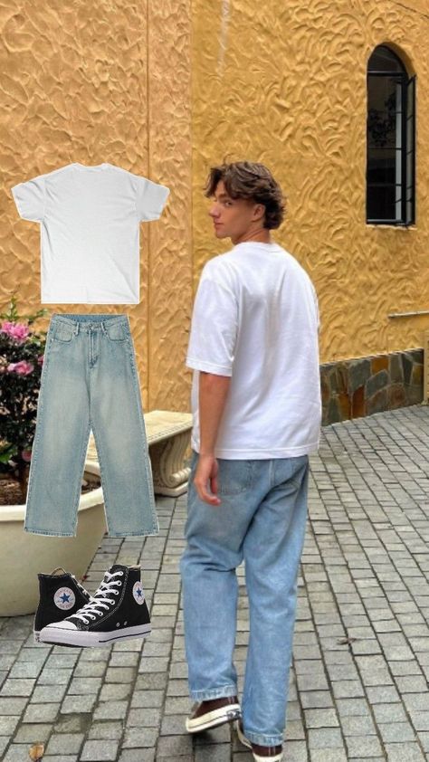 80s Summer Outfits Men, Simple Guy Outfits, Cool Men Outfit, Blue Tshirt Outfit, Simple Jeans Outfit, Male Outfits Aesthetic, White Tshirt And Jeans, Teen Guy Fashion, White Tees Outfit