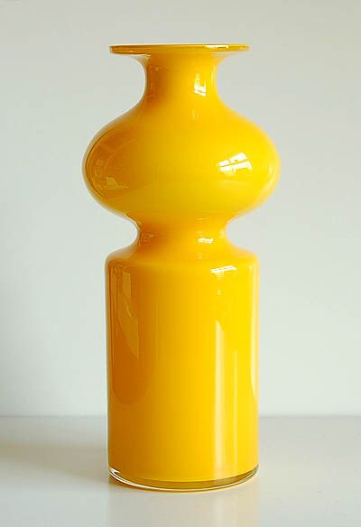 "Carnaby" vase, yellow with clear glass overlay. Design Per Lütken ca.1965, executed by Holmegaard / Denmark Holmegaard Vase, Yellow Objects, Glass Overlay, Colored Glass Vases, Yellow Vase, 3d Printed Objects, Art Of Glass, Contemporary Glass Art, Glas Art