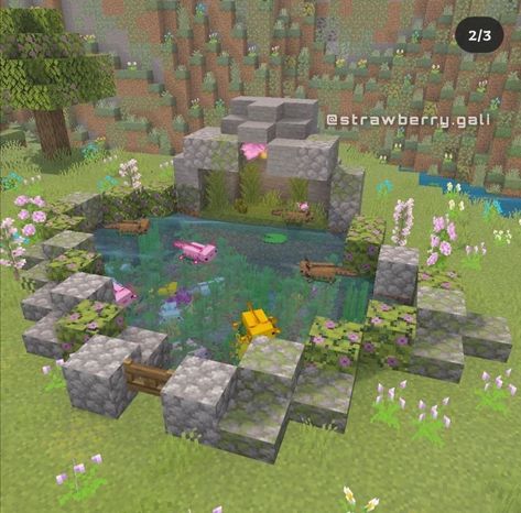 Mincraft Idea Garden Easy, Minecraft Steps Ideas, Minecraft Underground Garden Ideas, Minecraft Builds No Texture Packs, Minecraft Fish Pond Ideas, Cute Animal Farms Minecraft, Front Porch Ideas Minecraft, Ponds Minecraft Ideas, Mincraft Axalotal Pond