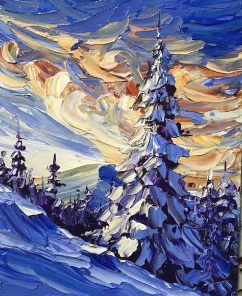 Acrylic Painting Ideas For Beginners, Free Painting, Painting Ideas For Beginners, Painting Snow, Acrylic Painting Ideas, Winter Painting, Knife Art, Impasto Painting, Palette Knife Painting