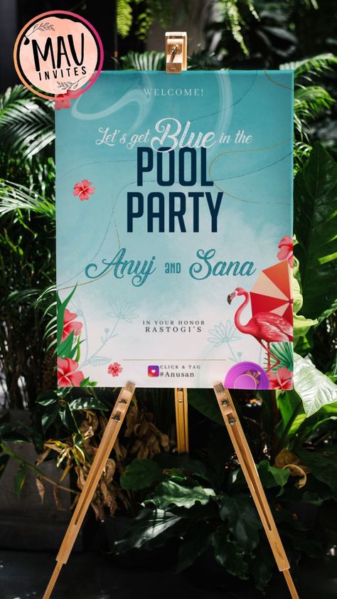 Capturing the true tones of a pool party in our new pool party signage✨. Designed representing the aqua fresh tones and tropical elements to set the tone of the pool party🥳✨. #poolparty #poolpartydecor #poolpartyideas #poolpartytime #weddingwelcome #weddingwelcomesign #weddingwelcomeboard #indianweddingdecor #weddingdecorations #weddingsign #weddingsigns #weddingsignage #entrancedecor #entrancedecoration #wedding #sign #signage #welcome #entrance Pool Party Board Ideas, Pool Party Signage, Pool Party Wedding Invitations, Pool Party Entrance Decor, Pool Party Decorations Wedding, Pre Wedding Party Decoration, Party Welcome Board, Wedding Pool Party Decorations, Pool Party Invite