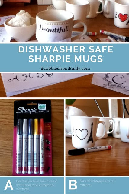 Scribbles from Emily: Tutorial: Dishwasher-Safe Sharpie Mugs  #craft #sharpie #mug #diy #dishwasher #gift #christmas #teacher Diy Christmas Mugs, Sharpie Projects, Sharpie Paint Markers, Sharpie Mugs, Diy Sharpie Mug, Sharpie Paint Pens, Sharpie Crafts, Sharpie Mug, Diy Sharpie