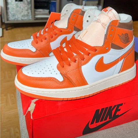 Orange, Brown And White Retro Jordan 1 Retro Jordan 1, Starfish Colors, Wmns Air Jordan 1, All Nike Shoes, Jordan 1 High Og, Womens Jordans, Air Jordan 1 High, Jordan 1 High, Orange Brown