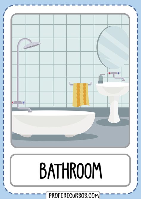 Flashcards House Parts Bathroom - Profe Recursos Bathroom Worksheet, House Flashcards, Bathroom For Kids, Learn English Kid, House Vocabulary, Bathroom Tips, All About Me Preschool, English Teaching Materials, Learning English For Kids