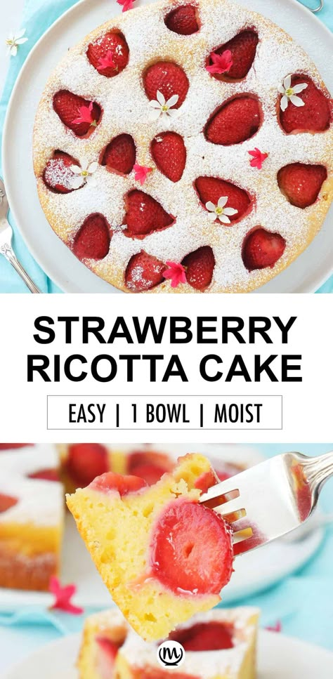 This beautiful, deliciously scented strawberry ricotta cake is so moist and bursting with juicy strawberries and vanilla and lemon hints. It's perfect for all occasions and so easy so make in 1 bowl. #strawberrydesserts #ricottarecipes #cakerecipes #easycakerecipes #strawberryricottacake #ricottacake Recipes Using Ricotta, Ricotta Desserts, Using Ricotta Cheese, Recipes Using Ricotta Cheese, Recipe Using Ricotta, Strawberry Ricotta, Cheese Uses, Ricotta Dessert, Ricotta Cake Recipes