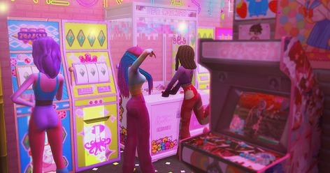 CC list Ok so i couldn't do a voice over due to health issues but i wanted to make a video trying to re create neon east in the s... Sims 4 Arcade Cc, Sims 4 Arcade, Neon Arcade, Sims Decor, Sims Finds, Lotes The Sims 4, Sims Download, Sims Furniture, Ts4 Mods