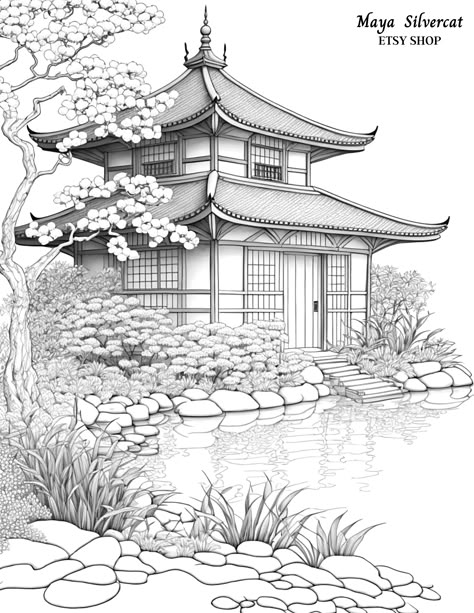 Korea Coloring Pages, Colouring Page For Adults, Japanese Colouring Pages, Painting Pages For Adults, Japan Landscape Drawing, Coloring Book Art Free Printable, Japanese Coloring Pages, Pretty Coloring Pages, Coloring Book Ideas