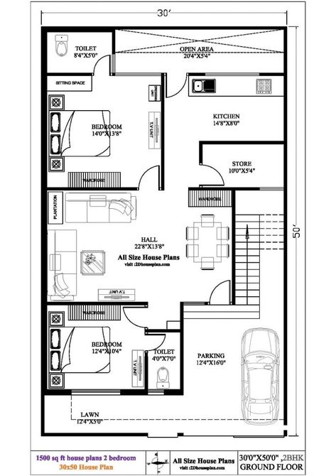 North Facing House Plan, Smart House Plans, 30x50 House Plans, 1500 Sq Ft House, North Facing House, 20x40 House Plans, 30x40 House Plans, House Plan With Loft, 2bhk House Plan