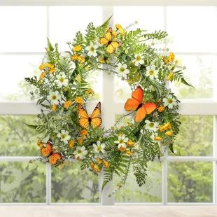 The Holiday Aisle® 24" Foam Wreath | Wayfair Yellow Summer Wreath, Summer Flower Decor, Daisy Wreaths For Front Door, Spring Wreath Ideas Diy, Dollar Tree Spring Wreath, Butterfly Wreath Diy, Spring House Decor, Spring Wreaths For Front Door Diy, Daisy Decor