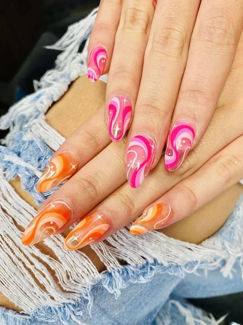 Almond Swirl Acrylic Nails, Gel Nails Swirl Design, Bright Swirl Nails, Almond Nails Abstract Designs, Retro Swirl Nails, 70s Swirl Nails, Sparkle Swirl Nails, Swirl Nail Art Designs, Spring Swirl Nails