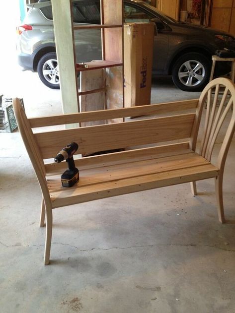 Repurposed Bench Ideas, Repurposed Chair Back, Chair Bench Diy, Refurbish Chairs, Bench From Chairs, Ikea Storage Cubes, Diy Garden Bench, Build A Bench, Crate Bench