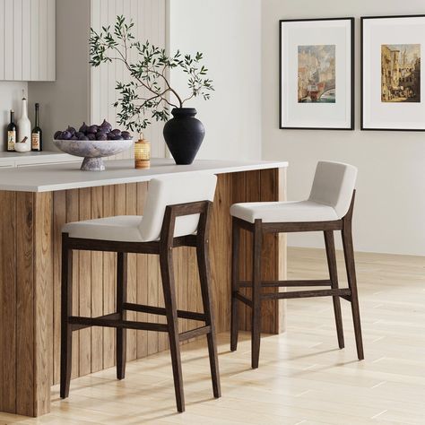 Kitchen With Barstools, Walnut Island Kitchen, Modern Kitchen Bar Stools, Wall Bar Shelf, Scandinavian Bar Stool, Bar Stool Wood, Couches Living, Nathan James, Island Chairs