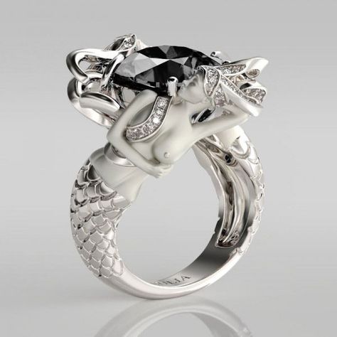 An AWESOME Cushion Cut Black Diamond Rhodium Plated Sterling Silver Women's Mermaid Engagement Ring By Jeulia. Take advantage of this Valentine's deal at a price of $259.95 marked down from $988.95. Price and availability determined by the supplier. Dragon Ring Engagement, Bijoux Art Nouveau, Mermaid Ring, Latest Jewellery Trends, Silver Mermaid, Mermaid Jewelry, Trending Necklaces, Black Diamond Ring Engagement, Discount Jewelry