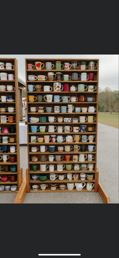 Coffee Cup Wall Wedding, Mug Wall Display Wedding, To Have And To Hold Mug Wall Wedding, Wedding Mug Wall, Mug Wall Wedding, Mug Wedding Favors, Mug Wall, Selfie Station, Fox Wedding