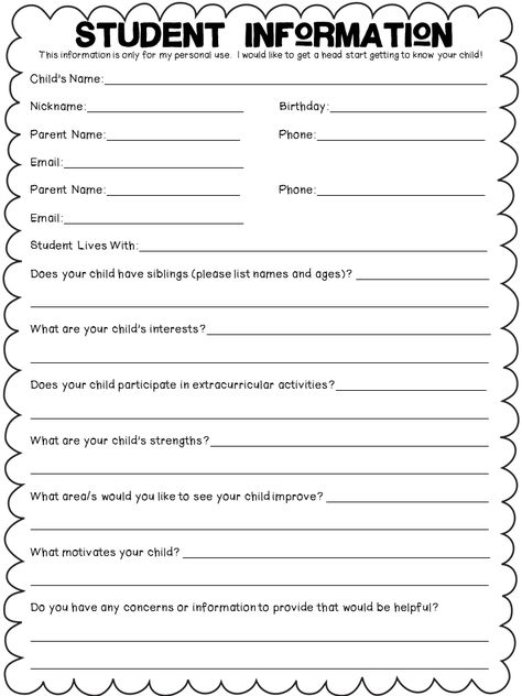 Self Care Checklist For Students, Student Information Sheet Preschool, Student Information Sheet Elementary, Student Info Sheet, Student Information Form, School Admission Form, 2024 Classroom, Student Information Sheet, Admission Form