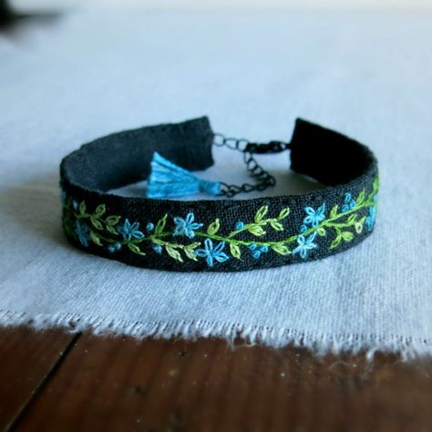 A stitch in time saves the mind.... Bracelets Embroidery, Felt Bracelet, Black Cuff Bracelet, Embroidered Bracelet, Embroidery Bracelets, Fabric Bracelets, Felt Jewelry, Fiber Jewelry, Embroidery On Clothes