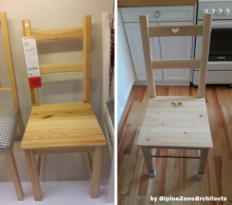 We all have carved a heart on a tree. Why not do it on the Ivar IKEA chair!? (Inspired by the swiss mountain chairs) Ivar Ikea, Ikea Chair, Ikea Hacks, Ikea Hack, Bunk Beds, A Tree, A Heart, Corner Desk, Do It