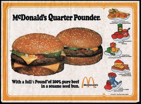 1971 The Quarter Pounder was introduced at McDonald's for 53 cents. 1970s Food, Quarter Pounder, Mcdonald Menu, Mcdonald's Restaurant, Food Advertising, Food History, Food Ads, Retro Ads, Retro Recipes