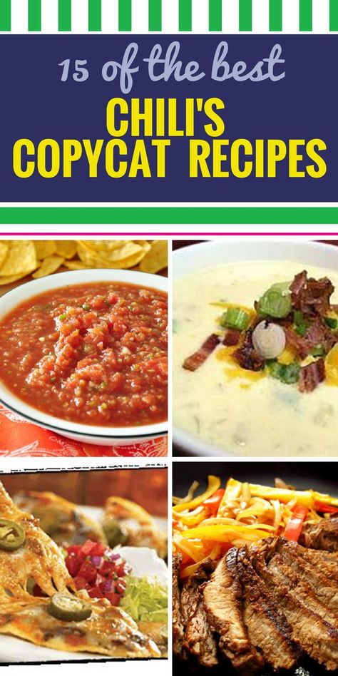 15 Copycat Chili's Recipes. Whether you're in love with Chili's soup, their salsa or you have a favorite chicken dish, you'll love these Copycat Chili's recipes. There are even some crockpot recipes that you can use. #copycat #recipes #chilis #food #dinner Chilis Restaurant Recipes, Chilis Copycat Recipes, Copycat Chili, Restaurant Recipes Famous, Honey Chipotle Chicken, Honey Chipotle, Copykat Recipes, Copycat Restaurant Recipes, Chicken Dish