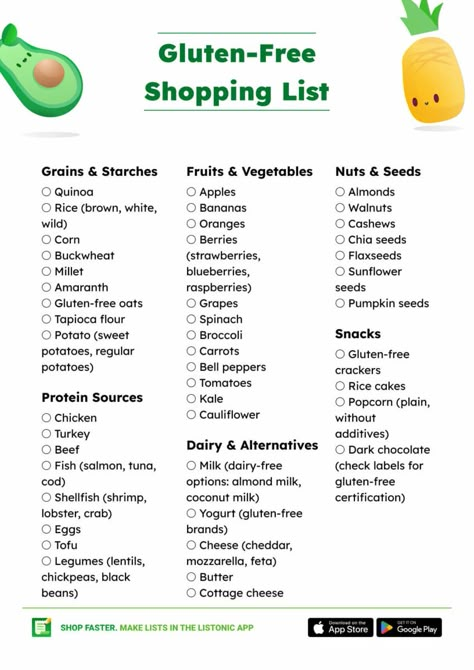 It’s no surprise why going gluten-free is so popular nowadays – it’s not only recommended for people with gluten sensitivity, but also those simply looking for a healthier lifestyle. In this article, you will find everything you need to get started: a gluten-free food list and a convenient shopping list to help you navigate your gluten-free journey with ease. Foods With Gluten List Of, Gluten Free Guide Food Lists, Gluten Free Symptoms Signs, Eating Gluten Free How To Start, Gluten Free Infographic, What Are Gluten Free Foods, Celiac Food List, Gluten Free For Beginners Get Started, Gluten Free And Hashimotos