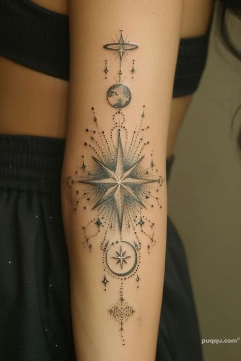 Claire Tattoo, Celestial Tattoo Ideas, Universe Tattoos, Book Inspired Tattoos, Married Couple Tattoos, Feminine Back Tattoos, Shooting Star Tattoo, Cosmic Tattoo, Small Matching Tattoos