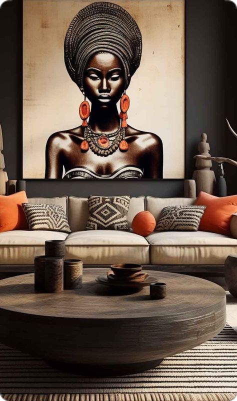 African Living Room Ideas Modern, Afro Boho Living Room, African Living Room Ideas, African Room Decor, Afro Boho Decor, Afro Bohemian Style Decor, Afrohemian Decor, African Themed Living Room, African Living Rooms