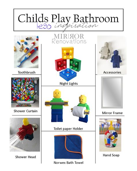 Lego Bathroom Decor, Lego Theme Bathroom, Lego Bathroom Ideas, Lego Bathroom, Brick Bathroom, Best Bathroom Colors, Childrens Bathroom, Ikea Decor, Mirror Frame Diy