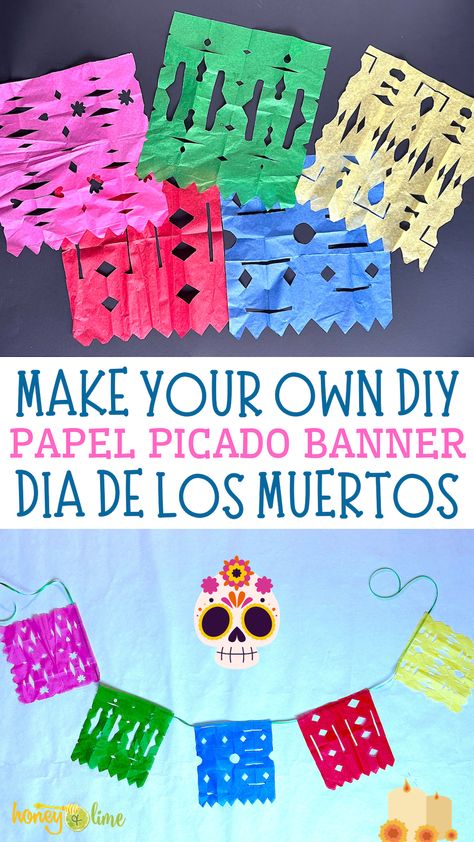 Diy Papel Picado, Mexican Paper Banner, Day Of The Dead Crafts, Mexican Banner, Banner Craft, Picado Banner, Kids Banner, Mexican Traditions, Day Of The Dead Art