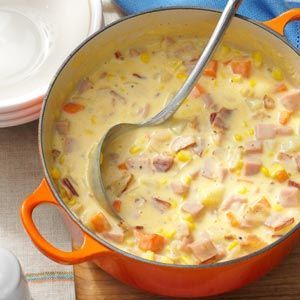 Cheesy Ham Chowder Recipe from Taste of Home -- shared by Jennifer Trenhaile of Emerson, Nebraska Cheesy Ham Chowder, Ham Chowder Recipe, Ham Chowder, Cheesy Ham, Ham Potato, Dutch Oven Recipes, Chowder Recipes, Ham Recipes, Think Food