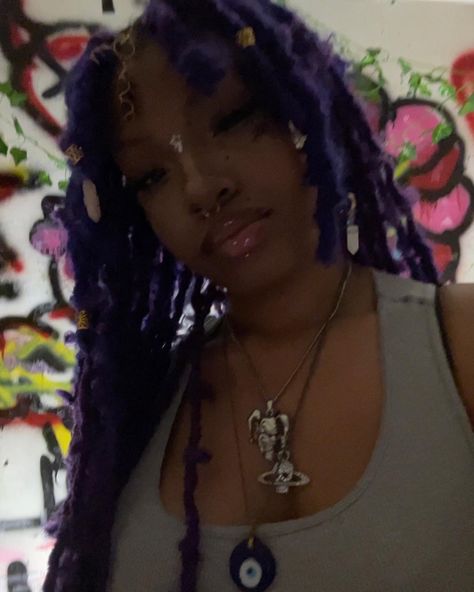 Purple Soft Locs, Purple Hair Face Claim, Jade Locs, Dark Purple Locs, Purple Hair Dark Skin, Purple Faux Locs, Locs Purple, Skunk Stripe Curly Hair, Blue Locs