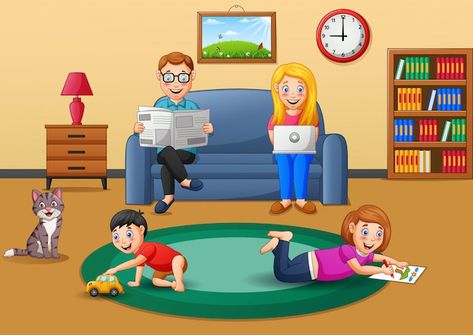 Family cartoon working active in the hou... | Premium Vector #Freepik #vector #illustrations #cartoon-design #flat-illustration #room-illustration Pecs Pictures, Picture Comprehension, Summer Camp Activities, Action Pictures, English Learning Books, Picture Composition, House Cartoon, Cartoon House, Community Helper