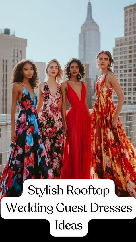 Elegant rooftop wedding guest dresses in various styles, perfect for an elevated celebration. Elevated Cocktail Attire, Chic Cocktail Attire, Rooftop Event, Wedding Guest Dress Ideas, Chic Cocktail Dress, Rooftop Wedding, Evening Gowns Elegant, Cocktail Attire, Wedding Guest Dresses