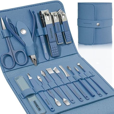 Manicure Set Professional Nail Clippers Pedicure Kit, 16 pcs Stainless Steel Nail Care Tools Grooming Kit with Luxurious Travel Leather Case for Thick Nails Men Women Gift (Blue) Nail Care Tools, Luxurious Travel, Ingrown Nail, Manicure Gel, Cuticle Nipper, Pedicure Set, Ingrown Toe Nail, Pedicure Kit, Trim Nails