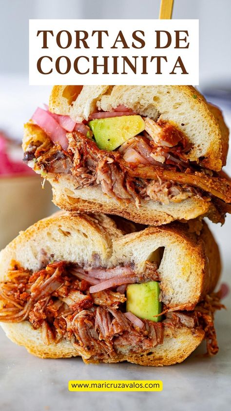 A torta de cochinita pibil cut in half. Mexican Sandwiches, Mexican Sandwich, January Recipes, Italian Recipes Appetizers, Pork Tamales, Types Of Sandwiches, Easy Enchiladas, Mexican Street Food, Mini Tortillas