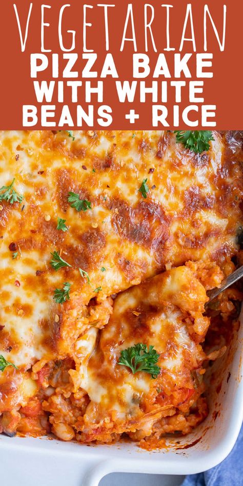 This Vegetarian Pizza Casserole with White Beans and Rice checks off so many boxes! It's meat-free, protein packed, full of flavor, easy to make and perfect for a cozy weeknight dinner. The veggies can be easily customized based on what you family likes, and you can choose between white or brown rice. Serve with a side salad and enjoy. #pizzacasserole #vegetarian #dinnerrecipe #freezerfriendly #proteinpacked Easy Dinner Recipes For Two Vegetarian, Vegetarian Rice Casserole Recipes, Vegetarian Rice Casserole, Vegetarian Recipes For A Crowd, Obrien Potato Casserole, Vegetarian Casserole Recipes Main Dishes, Healthy Vegetarian Casserole, White Beans And Rice, Easy Vegetarian Casseroles