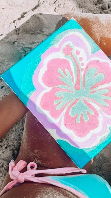 Beachy Art Painting, Colorful Beach Painting, Coconut Girl Painting, Summer Paintings On Canvas Aesthetic, Painting With Pink Background, Aesthic Paintings, Preppy Painting Ideas, Beachy Drawings, Cute Summer Paintings