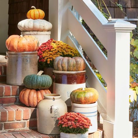 Flat pumpkins displayed in vintage crocks Halloween Exterior Decor, Crock Ideas, Crock Decor, Halloween Exterior, Spooky Outdoor Halloween Decor, Fall Centerpieces Diy, Vintage Crocks, Fall Crafts For Adults, Brick Steps