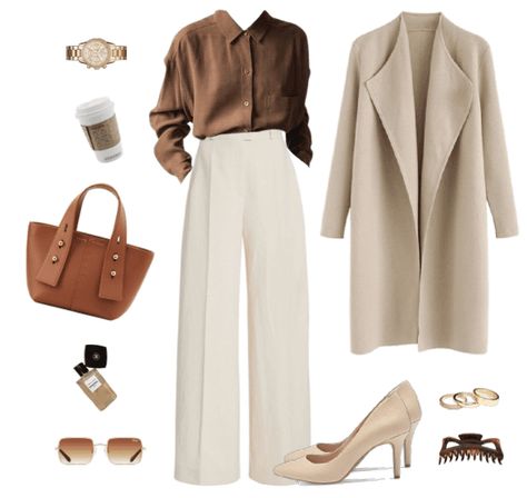 Cream Office Pants Outfit, University Work Outfit, Cream Color Outfits Classy, Beige White And Black Outfit, Outfit Ideas Cream Pants, Beige Pants Women Outfit, Beige Crop Pants Outfits, Cream Wool Pants Outfit, Tan White Outfit Classy