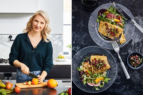 Food Blogger & TV Personality Abbey Sharp Invites Us Into Her Kitchen Abbey Sharp, Charred Cauliflower, Vegetable Meals, Pistachio Crusted Salmon, Winter Entertaining, Healthy Winter Meals, Honey Dressing, Burnt Sugar, Citrus Salad