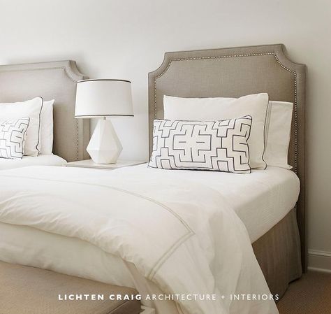 Monochromatic shared bedroom features twin taupe headboards accented with nailhead trim on beds dressed in taupe embroidered bedding Twin Beds Guest Room, Transitional Bedroom, Minimalist Bedroom Design, Shared Bedroom, Twin Beds, Twin Bedroom, Lincoln Park, Architecture Interiors, Spare Bedroom